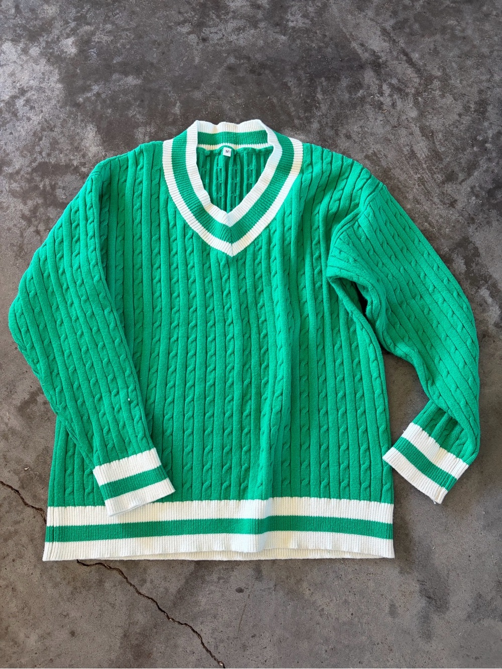 Green Cable-Knit V-Neck Sweater with White Trim